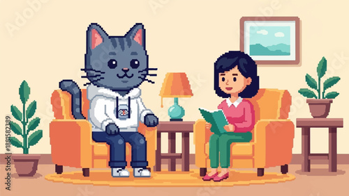 Pixel art scene a person reading and a cat in hoodies relaxing indoors