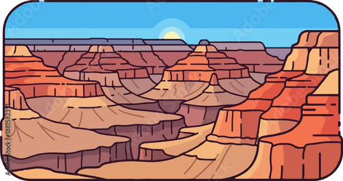 Stylized cartoon-like depiction of a vast, layered canyon under a bright blue sky at sunrise