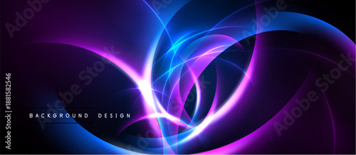 Abstract neon lights create dynamic curves, flowing shapes. Purple, blue hues dominate dark background. Modern design element.
