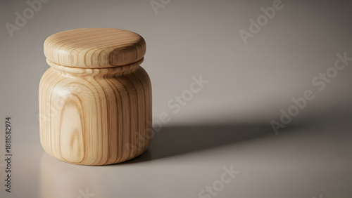 Artisanal wooden jar with lid showcasing a natural grain texture against a neutral grey background with shadows.