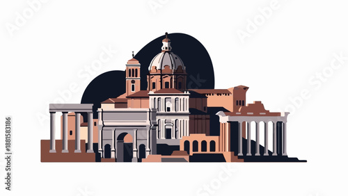 Stylized depiction of ancient ruins with a domed structure and columns