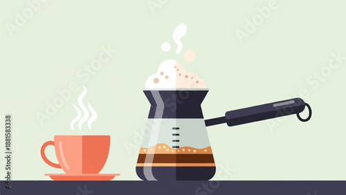 Steaming coffee cup and pot with frothy topping, flat design