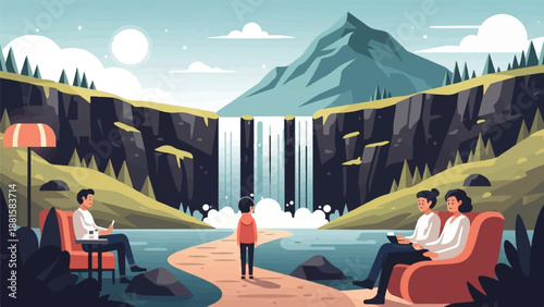 Serene mountain waterfall landscape with people enjoying nature and relaxing