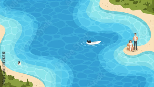 Serene seaside scene with people relaxing near the water, a boat, and a swimming creature