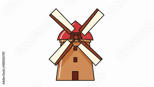 Simple cartoon windmill with four cream-colored blades and a red roof