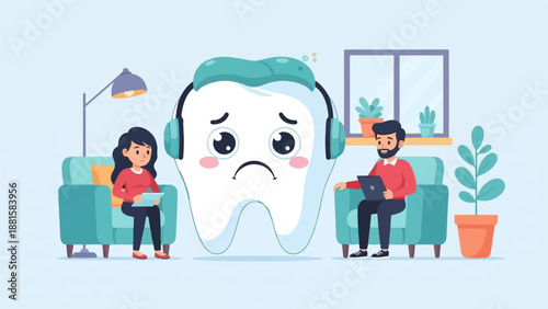 Sad tooth with headphones and people in living room, plants and window