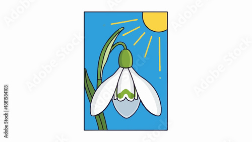 Simple illustration of a blooming snowdrop flower under a bright sun
