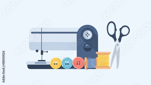 Sewing machine, buttons, thread, and scissors displayed against a light blue background