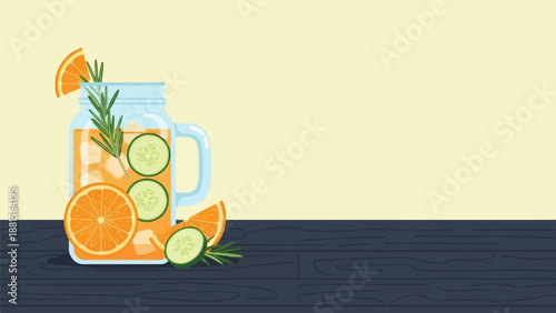 Refreshing orange and cucumber infused beverage in a mason jar on a wooden table