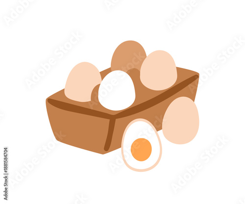 Chicken eggs in cardboard packaging, open box. Boiled food for breakfast in c...