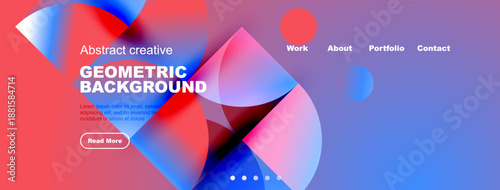 Abstract website header design. Vibrant colors, geometric shapes, text overlay, navigation menu present. Modern aesthetic.