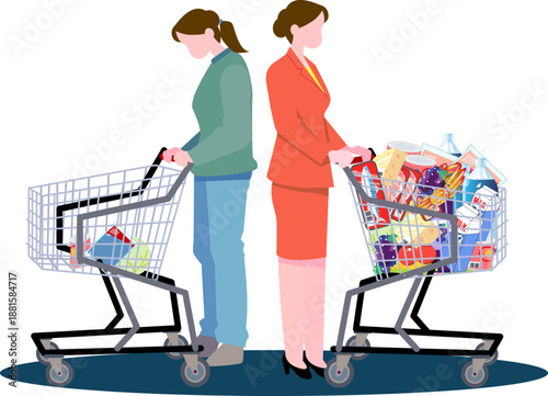Illustration comparing the difference in shopping volume between two women due to economic inequality and inflation.