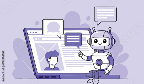 Robot interacts with a computer screen displaying a user profile and chat interface on a purple background with speech bubbles