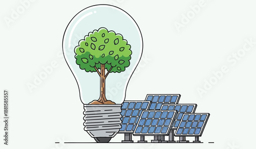 Eco friendly energy concept with solar panels and tree in light bulb on white background