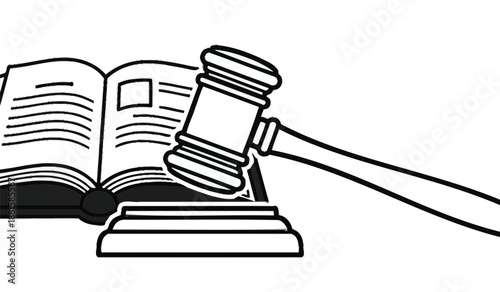 Gavel rests on a legal book symbolizing justice and law with a sound block