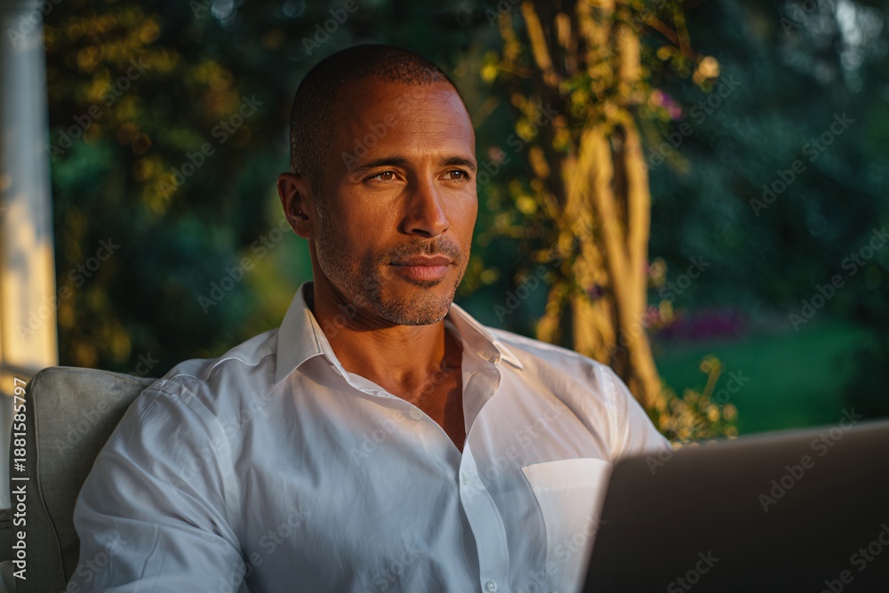 Fototapeta premium Confident Man in White Shirt Working on Laptop Outdoors at Sunset