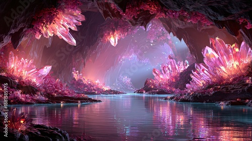 Glowing Pink Crystal Cave with Reflective Waters and Ethereal Atmosphere