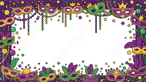 Mardi gras cartoon frame with masks, beads, and confetti.