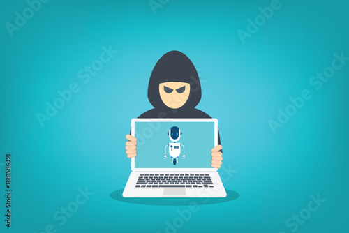 Hooded figure using ai robot laptop symbolizing artificial intelligence in cybersecurity, hacking, and data threats	