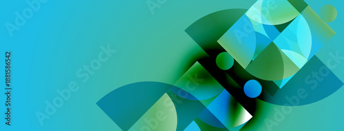 Abstract shapes overlap, creating dynamic composition. Teal, green hues dominate design. Modern aesthetic, clean lines present.