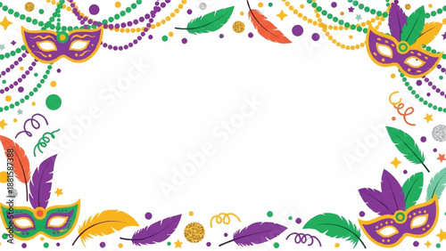 Mardi gras carnival party border frame with mask and beads decoration.