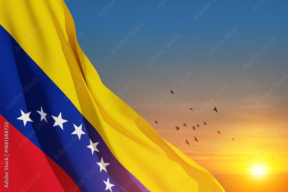 Naklejka premium Venezuela flag on background of sunset sky with flying birds. Patriotic concept. Banner with place for text.