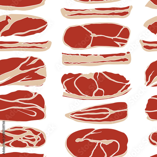 Vector seamless pattern with hand drawn slices of cured meats. Beautiful food design elements, perfect for prints and patterns