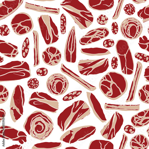 Vector seamless pattern with hand drawn slices of cured meats. Beautiful food design elements, perfect for prints and patterns