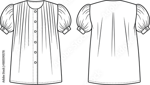 Girls short sleeve dress technical drawing, front and back view, children fashion apparel template, button dress outline vector illustration