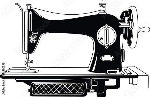 Vintage sewing machine technical sketch, hand crank and treadle base, mechanical details, black and white vector illustration