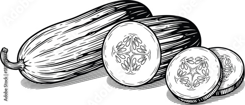 Cucumber illustration, whole and sliced views, botanical sketch, black and white vegetable drawing, vector food artwork