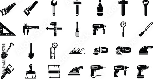Hand and power tools icon set, black and white vector, construction and workshop equipment, grid layout illustration