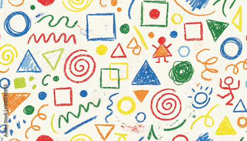 Funky crayon drawn geometric shapes and lines. Colorful pencil or chalk drawn naive Swiss design aesthetic. Basic geometric shapes, dots, playful pattern, primitive forms and figures