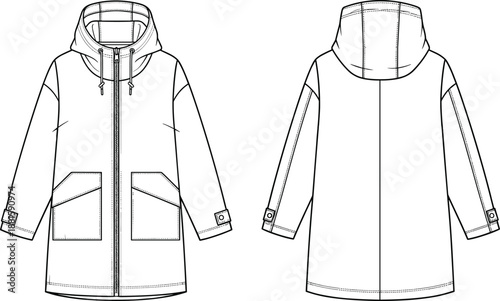Hooded coat technical fashion sketch, front and back view, winter outerwear design, apparel template, cad drawing flat vector illustration