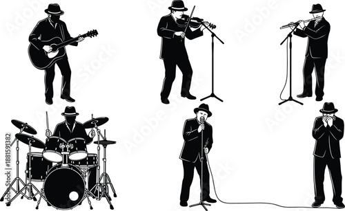 Jazz band musician silhouettes performing live, black vector illustration of guitar, violin, trumpet, drums, singer, harmonica on white background, isolated, concert music
