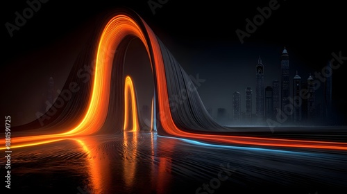 growth scene with glowing upward paths emerging from a digital city environment