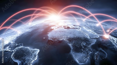 connection scene with abstract world map and flowing network lines