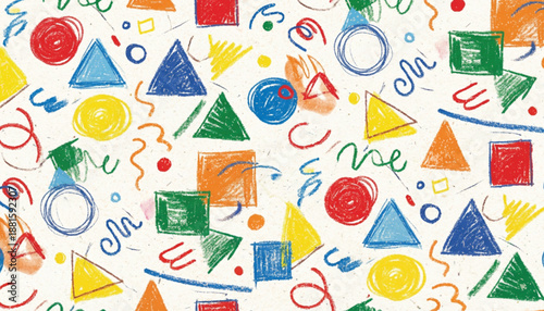 Funky crayon drawn geometric shapes and lines. Colorful pencil or chalk drawn naive Swiss design aesthetic. Basic geometric shapes, dots, playful pattern, primitive forms and figures