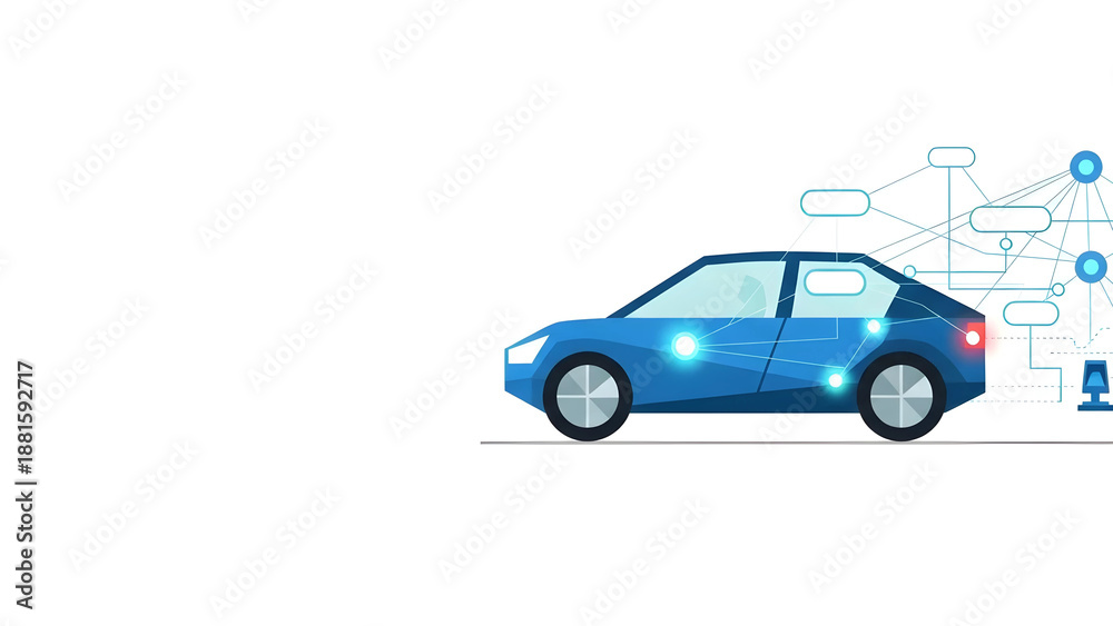 Fototapeta premium 自動運転とスマートモビリティのフラットデザインイラスト。次世代交通システム、MaaS、V2X通信、DX推進のコンセプト、左側に広いコピースペース。
