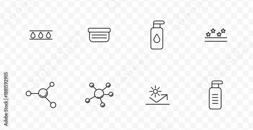 Skincare product set icon. Droplet layers, cream jar, liquid bottle, sparkle skin, molecules, UV protection, ingredients in dermatology care line style.