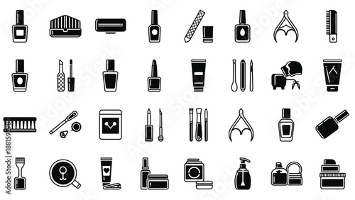 Extensive set of black icons represents various manicure and nail care tools including polish bottles and nippers.