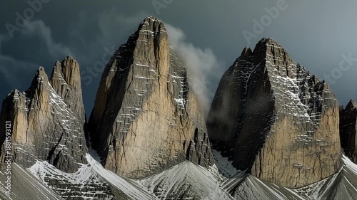 Dramatic jagged mountain peaks piercing a cloudy, moody sky