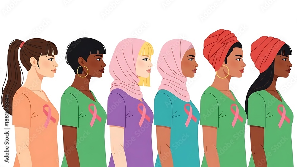 Obraz premium Diverse group of women in profile, wearing different headscarves and clothing, each with a pink ribbon symbolizing breast cancer awareness.