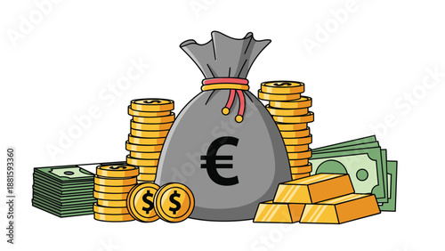 Concept of wealth and financial success featuring a large money bag, stacks of coins, banknotes, and gold bars.
