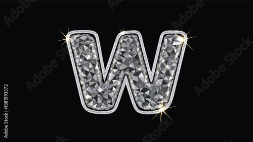 Luxurious letter W made of shimmering diamonds and silver frame isolated on a black background for glamorous design.