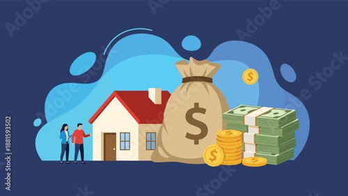 Financial planning and investment concept for a couple buying a new home with large stacks of cash and savings bags.