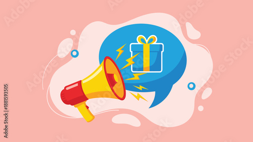 Successful marketing promotion concept featuring a megaphone announcing a special gift box offer in a speech bubble.