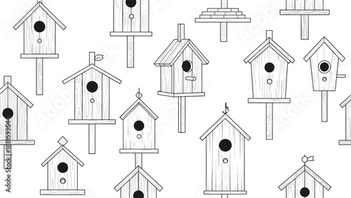 Detailed black and white seamless pattern of various birdhouse outlines for nature lovers and garden themed designs.