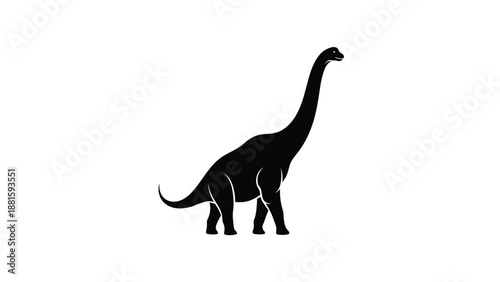 Solid black silhouette of a long necked dinosaur standing tall against a clean white background for education.