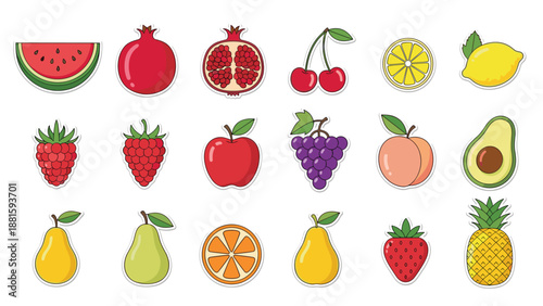 Set of colorful fruit stickers including watermelon, pomegranate, cherry, lemon, apple, and more for healthy food labels.